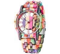 Tiong Herren Holzuhr Analog Quarz mit Bunten Holzarmband & Transparentem Skelett-Zifferblatt mit Arabischen Ziffern, Elegante Holz Armbanduhr Herren, Leichte Quarzuhr als Geschenk für Männer