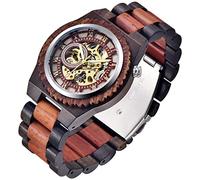 Tiong Holzuhr Mechanische Herren Uhren Skelett Automatische Selbst-Wicklung Leichtgewicht für Männer Rotbraun Gitterholz Armbanduhr(Q2022)