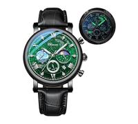 Tiong Klassische multifunktionale analoge Herrenuhr, leuchtende Zeituhr Sternenhimmel Mondphase Lederuhr-Black Green