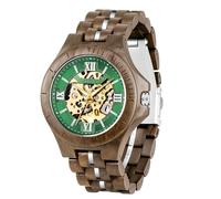 Tiong Mechanische Herren-Armbanduhr aus Holz, luxuriöse Skelett-Automatikuhr, leichtes Holzband, Uhren für Herren, mit Geschenkbox (W51108-Rot-Schwarz), W51103-Brown Green, Mode aus Holz