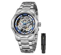 Tiong Modische Automatikuhren, mechanische Armbanduhr, goldfarben, für Herren, Skelett-Uhren mit transparentem Edelstahl-Zifferblatt, TW1239, Silber, Mechanisch