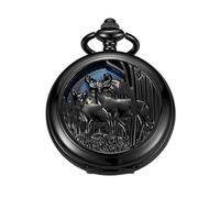 Tiong Schwarze hohle Doppelhirsch-Design Muster Design Mechanische Taschenuhr Herren Mechanisches Uhrwerk Römische Ziffern Zifferblatt Doppelte Öffnung Taschenuhr, PWM27, modisch