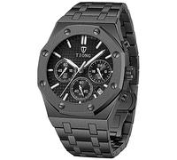 Tiong Uhr Chronographen Edelstahl Wasserdicht Luxus Armbanduhr Männer Edelstahlarmband Business Schwarz Uhren für Mann Quarzuhr,Vatertagsgeschenk