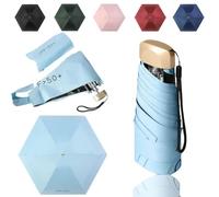 Tirimbeles Faltbarer Taschenschirm für Reisen, Handschirm mit 6 Streben, Mini-Regenschirm, UV-Schutz, kompakt und elegant, mit Tasche, ideal für Reisen und kleine Taschen, hellblau, Mini