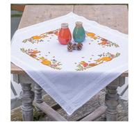 Tischdecke Kreuzstich Stickpackung Tiere des Herbstwaldes, Stickbild gedruckt, 80x80cm