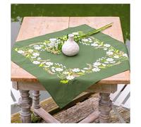 VERVACO Stickpackung Tischdecke Sticken Set Erwachsene Vorgedruckt WEISS BLUMIG Stickdecken Vorgezeichnet Decke Sticken Stickpackung Plattstich ca. 72 x 72 cm Stoff zum Sticken Kreatives Geschenk