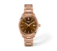 Tissot PR 100 34 mm, Schweizer Quarzuhr für Damen, Edelstahl mit roségoldenem PVD-Gehäuse, braunes Zifferblatt, T1502103329100