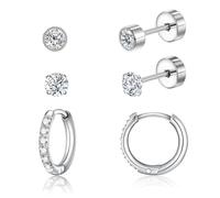 Titan Creolen Ohrringe 3er Set für Damen Herren G23 Titan Hypoallergen 4mm Zirkonia Ohrstecker 10mm Zirkonia Creolen Set Kreolen Knorpel Helix Ohrpiercing