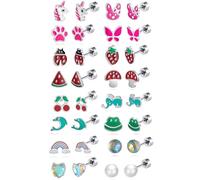 TIZU 16 Paar Silber Ohrstecker Set für Damen Hypoallergen Erdbeere Schmetterling Hase Einhorn Regenbogen Perle Herz Zirkoniumdioxid Kinder Ohrringe Set für Mädchen