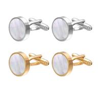 TJUSPIRIT 2 Paar Herren Manschettenknöpfe Mens Cufflinks- Silber & Gold - Runde Perlmutt-Oberfläche - Elegantes Accessoire für Business & Hochzeit