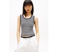 Tanktop TOMMY JEANS "TJW ESSENTIAL RIB TANK EXT", Damen, Gr. XL (42), schwarz, ecru stripe, Single Jersey, Obermaterial: 95% Baumwolle, 5% Elasthan, gestreift, figurbetont kurz, Rundhals, Tops Tanktop