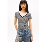 Tommy Jeans Dw0dw17385 Kurzarm-t-shirt Mit V-ausschnitt S Black / Ecru Stripe