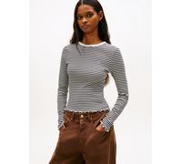 Langarmshirt TOMMY JEANS "TJW SLIM SH LETTUCE EDGE RIB LS", Damen, Gr. L (40), schwarz, ecru stripe, Single Jersey, Obermaterial: 95% Baumwolle, 5% Elasthan, gestreift, slim fit normal, Rundhals, Shir