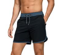 TMEOG Badeshorts Herren Badehose Männer Schwimmshorts Retro Bademode Surf Sport Shorts Kurz Strandshorts Kordelzug Trainingsshorts mit Reißverschlusstasche und Netz(Schwarz,XL)