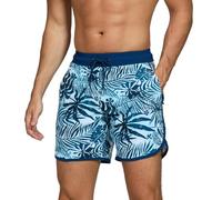 TMEOG Badeshorts Herren Badehose Männer Schwimmshorts Retro Bademode Surf Sport Shorts Kurz Strandshorts Kordelzug Trainingsshorts mit Reißverschlusstasche und Netz(Dunkelblaue Palmenblätter,L)