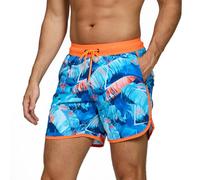 TMEOG Badeshorts Herren Badehose Männer Schwimmshorts Retro Bademode Surf Sport Shorts Kurz Strandshorts Kordelzug Trainingsshorts mit Reißverschlusstasche und Netz(Dunkelblaue Bananenblätter,XL)