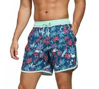 TMEOG Badeshorts Herren Badehose Männer Schwimmshorts Retro Bademode Surf Sport Shorts Kurz Strandshorts Kordelzug Trainingsshorts mit Reißverschlusstasche und Netz(Dunkelblaues Korallenmotiv,S)