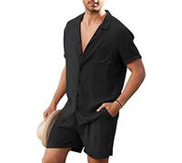 TnmZi Causal Shirt Herren Set Lose Sommer Kurzarm Herren Kurze Hose 2-Teiliges Set Einfarbig Komfortabel Leinenhemd Herren Einfachheit Urlaub Tops Herren B-Black XL