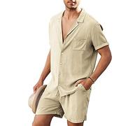 TnmZi Causal Shirt Herren Set Lose Sommer Kurzarm Herren Kurze Hose 2-Teiliges Set Einfarbig Komfortabel Leinenhemd Herren Einfachheit Urlaub Tops Herren C-Beige XL