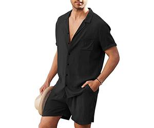 TnmZi Causal Shirt Herren Set Lose Sommer Kurzarm Herren Kurze Hose 2-Teiliges Set Einfarbig Komfortabel Leinenhemd Herren Einfachheit Urlaub Tops Herren B-Black XL