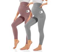 TNNZEET Umstandsleggings Damen Umstandsmode Blickdicht Schwangerschaft Leggings Umstandshose Lang mit Taschen für Yoga(Hautfarbe/Hellgrau,L)