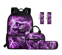 TOADDMOS 5-teiliges Schulrucksack-Set mit Lunchtasche, Stifttasche, 2-teiliges Lesezeichen, leichte Büchertasche für Kinder, Grundschule, Cooler Dinosaurier-Lila-Lightning, Modern