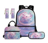 TOADDMOS Kinder-Rucksack für die Schule, mit Lunch-Tasche, Federmäppchen, 2 Lesezeichen für Kinder, Teenager, Grundschule, Mittelschule, 5 Stück, Rosa Axolotl, Modern