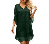 Tobysper Abendkleider Mit Pailletten Damen Elegant V-Ausschnitt Cocktailkleid Einfarbig Partykleid Rüschensaum Midi Sommerkleid Leichte Freizeitkleid