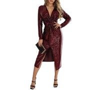 Tobysper Glitzer Kleid Damen Sexy Pailletten Split V-Ausschnitt Midi Kleid Ballkleid Abendkleider Bleistiftkleid Karnevalskleid Partykleid Spitzenkleid Elegant Langarm Etuikleid