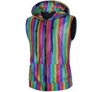 Tobysper Weste Herren 70Er Jahre Disco Glitzer Western Outfit Hipster Metallic Pailletten Reißverschluss Ärmellos Kapuzenweste Regenbogen Hoodie Bunte Glänzend Clubwear