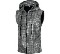 Tobysper Weste Herren 70Er Jahre Disco Glitzer Western Outfit Hipster Metallic Pailletten Reißverschluss Ärmellos Kapuzenweste Regenbogen Hoodie Bunte Glänzend Clubwear