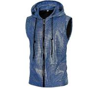 Tobysper Weste Herren 70Er Jahre Disco Glitzer Western Outfit Hipster Metallic Pailletten Reißverschluss Ärmellos Kapuzenweste Regenbogen Hoodie Bunte Glänzend Clubwear