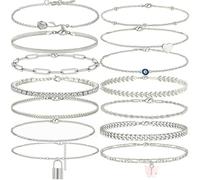 TOEECY 14 Stück Fußkettchen Set Silberfarbig Knöchelarmband Kollektion Rose Herz Blatt Muster Gliederkette Schmuck Damen Accessoires Sommer Strand Schmuckset