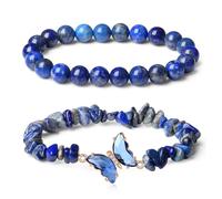 TOEECY 2 Stück Lapis Lazuli Armband Set Naturstein Perlen Schmetterling Anhänger Stretch Armreif Damen Schmuck Handgefertigt Elegant