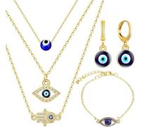 TOEECY 5 Stück Nazar Amulett Schmuckset Hamsa Hand Anhänger Halsketten Armband Ohrringe Glücksauge Talisman Mehrschichtige Kette Schmuck