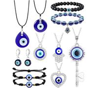 TOEECY 5 Stück Nazar Amulett Schmuckset Hamsa Hand Anhänger Halsketten Armband Ohrringe Glücksauge Talisman Mehrschichtige Kette Schmuck