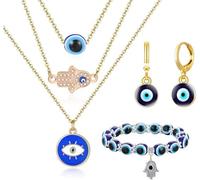 TOEECY 5 Stück Nazar Amulett Schmuckset Hamsa Hand Anhänger Halsketten Armband Ohrringe Glücksauge Talisman Mehrschichtige Kette Schmuck