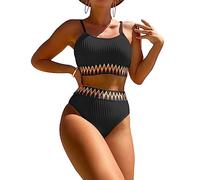 TOEECY Bikini Damen Set Zweiteilig Gerippter Bustier Highwaist Bikiniset Badebekleidung Spaghettiträger Ethnisches Muster Badeanzug Triangle Swimwear Strandmode Swimsuit