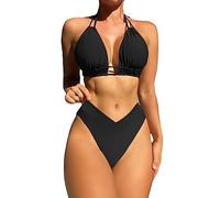 TOEECY Bikini Set Damen Halter Neck Ruched Cut Out Badeanzüge Bademode Zweiteiliger Badeanzug Push Up High Waist Sexy Schwimmanzug Swimsuit (Schwarz,XL)