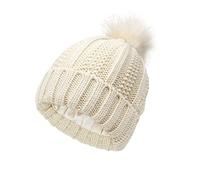 TOEECY Bommelmütze Mütze Damen Winter Warme Beanie Satin Gefüttert Weiche Strickmütze Schützen Frisur Wintermütze Mit Kunstpelz Bommel für Frauen (Beige)