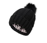 TOEECY Bommelmütze Mütze Damen Winter Warme Beanie Satin Gefüttert Weiche Strickmütze Schützen Frisur Wintermütze Mit Kunstpelz Bommel für Frauen (Schwarz)
