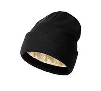 TOEECY Damen Beanie Mütze Warme Wintermütze mit Weichem Satin Gefütterte Slouchy Stretchy Strickmütze Schützen Frisur Feinstrick Mütze Winddicht Cuffed Plain Skull Hat Unisex (Schwarz)