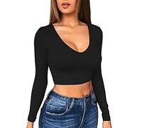 TOEECY Damen Strick Langarm Crop T-Shirt V-Ausschnitt Top Bauchfrei Oberteile Casual Sexy Tops Langarmshirts Langarmtops Pullover Lässig T-Shirts Basic Slim Oberteil (Schwarz,M)