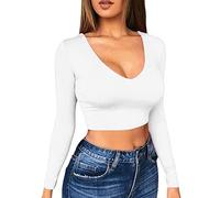 TOEECY Damen Strick Langarm Crop T-Shirt V-Ausschnitt Top Bauchfrei Oberteile Casual Sexy Tops Langarmshirts Langarmtops Pullover Lässig T-Shirts Basic Slim Oberteil (Weiß,M)