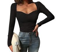 TOEECY Damen Strick Langarmshirt Sexy Quadratischer Enges Oberteil Mode Stretchy Rippshirt Casual Basic Pullover Slim Fit Langarm Crop T-Shirt Solid Lässig Langarm Top Bluse (Schwarz)