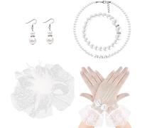 TOEECY Fascinator Set Blumen Haarschmuck Kopfbedeckung Netzhandschuhe Perlenkette Ohrringe Elegant Vintage Haarreif Hochzeit Kopfschmuck