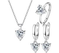TOEECY Herz Schmuckset für Damen und Mädchen Kristalle 925 Silber Versilbert Anhänger Halskette Ohrringe Ringe Set Zirkonia Geschenk für Hochzeitstag(Weiß)