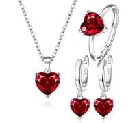 TOEECY Herz Schmuckset für Damen und Mädchen Kristalle 925 Silber Versilbert Anhänger Halskette Ohrringe Ringe Set Zirkonia Geschenk für Hochzeitstag(Rot)