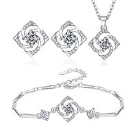 TOEECY Kleeblatt Zirkonia Schmuckset Halskette Ohrringe Armband Elegant Silber Luxus Damen Schmuck Glänzend Kristall Klassisch Zeitlos