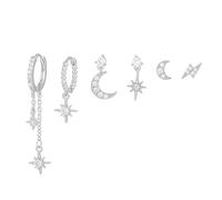 TOEECY Ohrringe Set 6 Pcs Sterling Silber Gold Ohrstecker Set Mond Und Die Sterne Zirkonia Ohrringe Vergoldete Creolen mit Anhänger Minimalistische Earings Silber A